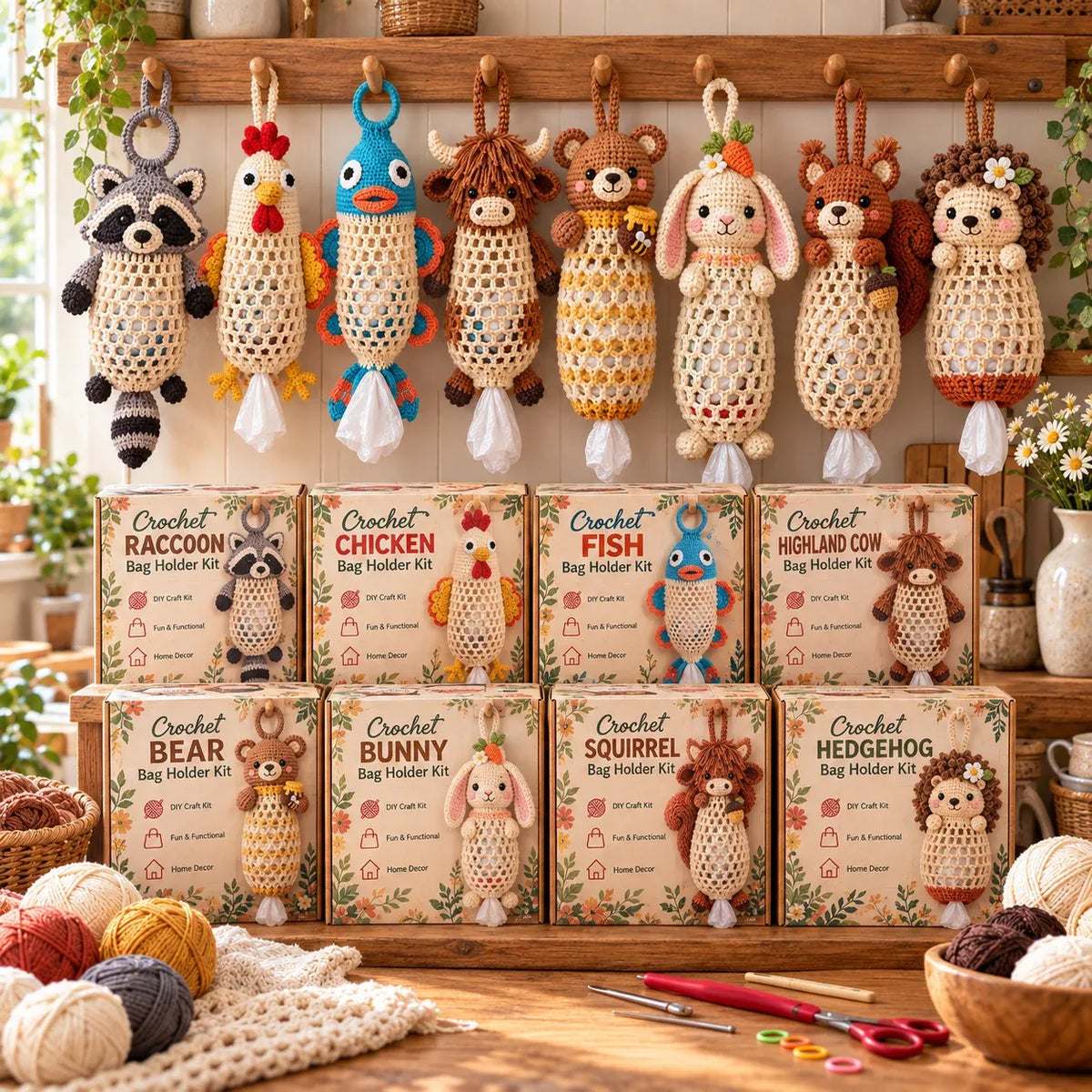 🔥LAST DAY 49% OFF – 🌼 Cottage Harvest KeepersTM — Crochet Animal Bag Holder DIY Kit | 11 Adorable Designs