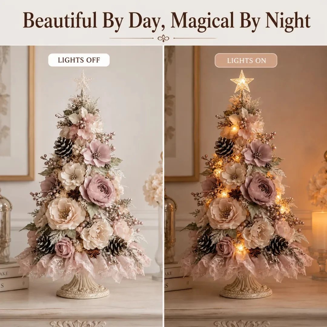 🌸 Pre-Decorated Blush Floral Tabletop Christmas Tree – Cordless Romantic Holiday Decor ✨