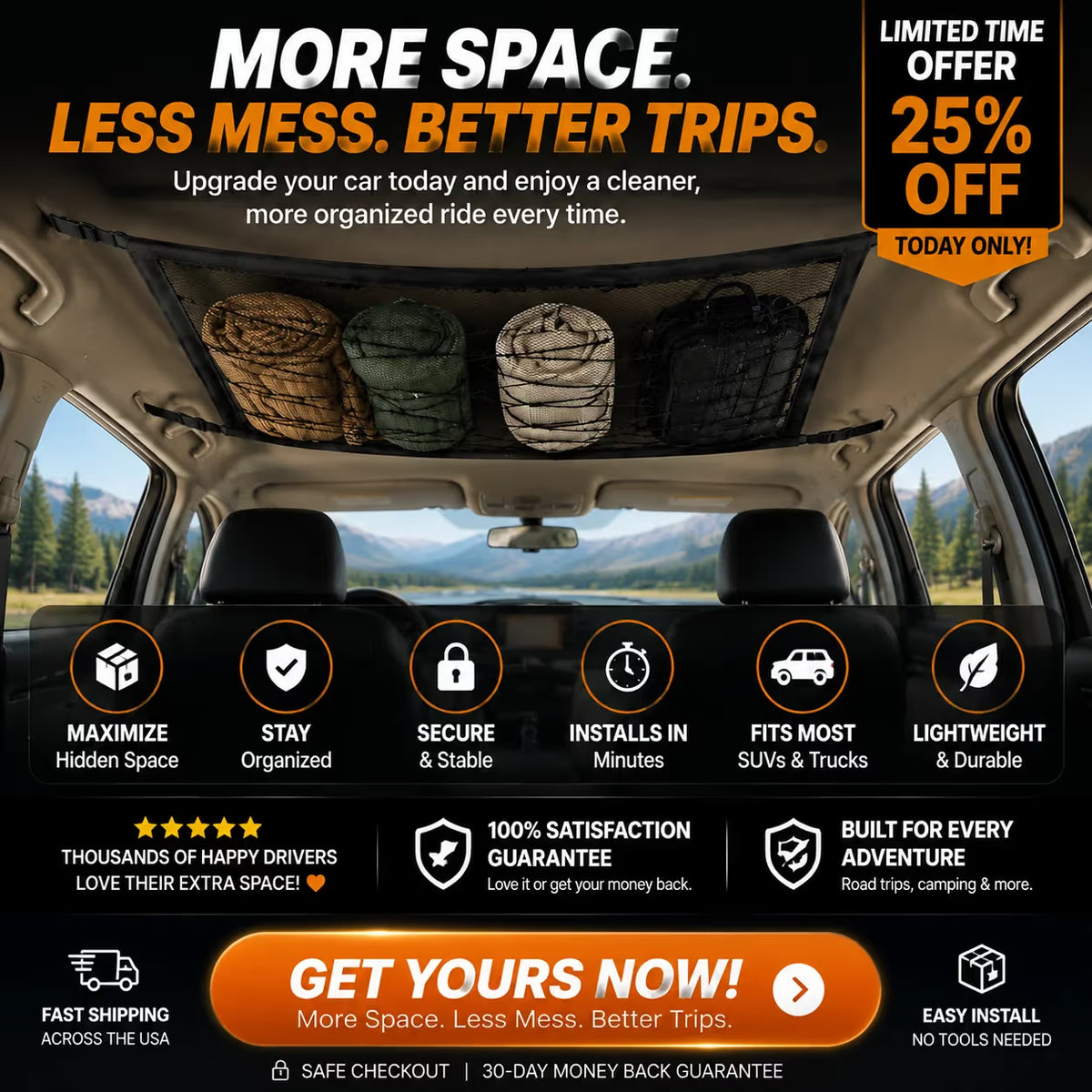 🚗 Car Ceiling Cargo Net | Hidden Roof Storage Organizer