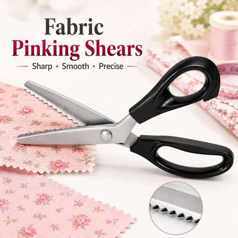 Stainless steel pinking shears cutting floral fabric