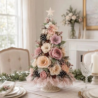 🌸 Pre-Decorated Blush Floral Tabletop Christmas Tree – Cordless Romantic Holiday Decor ✨