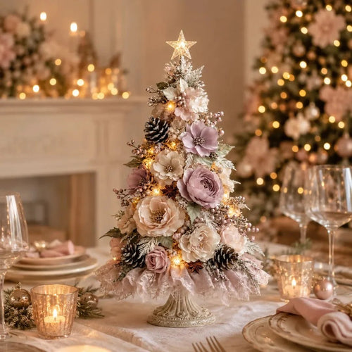 🌸 Pre-Decorated Blush Floral Tabletop Christmas Tree – Cordless Romantic Holiday Decor ✨